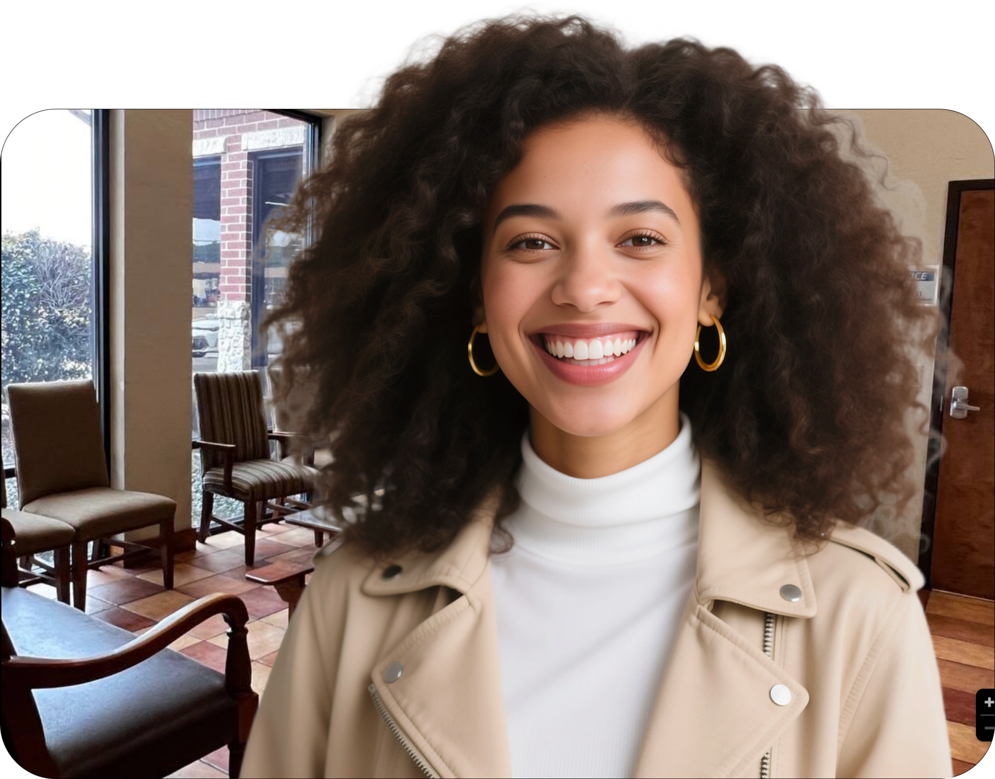 Smiling woman with curly hair in a café
